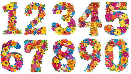 カラフルな花で作られた数字のイラストセット Colorful Flower Numbers Illustration Set｜Generative AI
