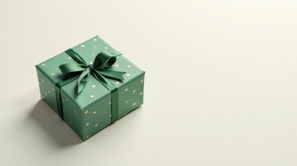 Obraz premium A thoughtfully wrapped present, adorned with a delicate green ribbon and subtle golden stars, sits elegantly on a pristine off-white surface, suggesting a moment of anticipation and gifting
