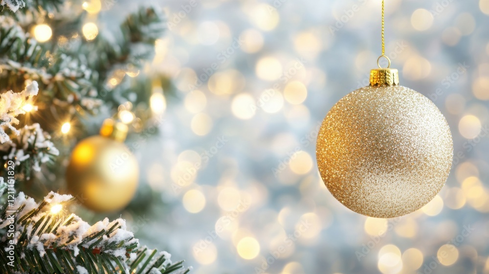 Poster a shimmering golden ornament is suspended from a snow-dusted tree, surrounded by soft bokeh lights t