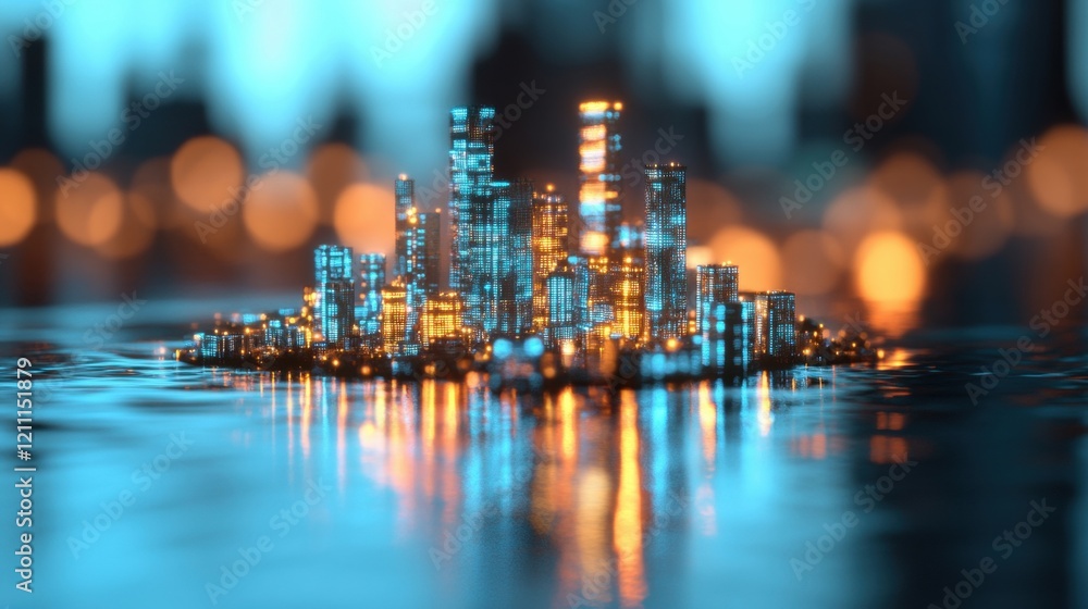 Poster a vibrant floating island city with a glowing skyline stands out against a calm backdrop, creating a
