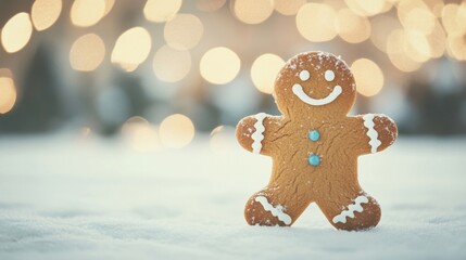 A cheerful gingerbread man with decorative icing stands alone in a snowy Christmas landscape filled with soft, glimmering lights