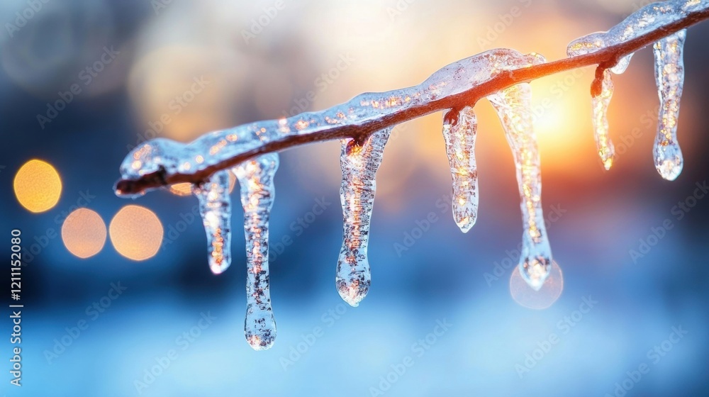 Poster sunlight filters through, creating a shimmering effect on icicles hanging from a branch in a tranqui