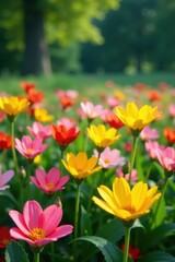 Obraz premium Rainbow-colored flowers blooming in a lush meadow, plant, flowers