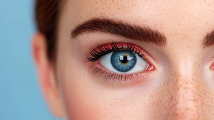 Obraz premium Captivating Blue Eyes: A close-up reveals a stunning blue eye, framed by naturally beautiful eyebrows and subtly enhanced with makeup. Freckles add a touch of charm.