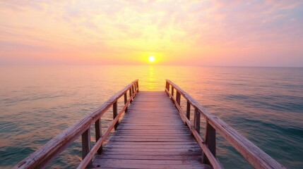 Fototapeta premium A rustic pier stretches out over calm waters as a vibrant golden sunset paints the sky in warm hues, creating a serene evening atmosphere