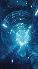 digital technology abstract blue glowing circular tunnel poster background
