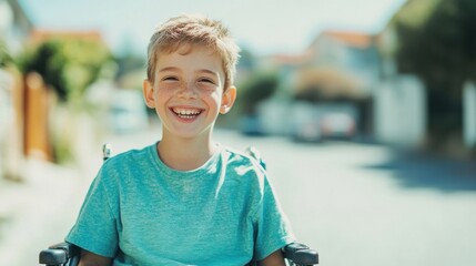 A cheerful boy in a wheelchair smiles brightly while sitting on a sunny street, surrounded by residential homes and greenery