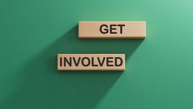 wooden cubes with text GET INVOLVED and wooden cubes with letters. Wooden cube blocks. Copy space.3D rendering on green background.