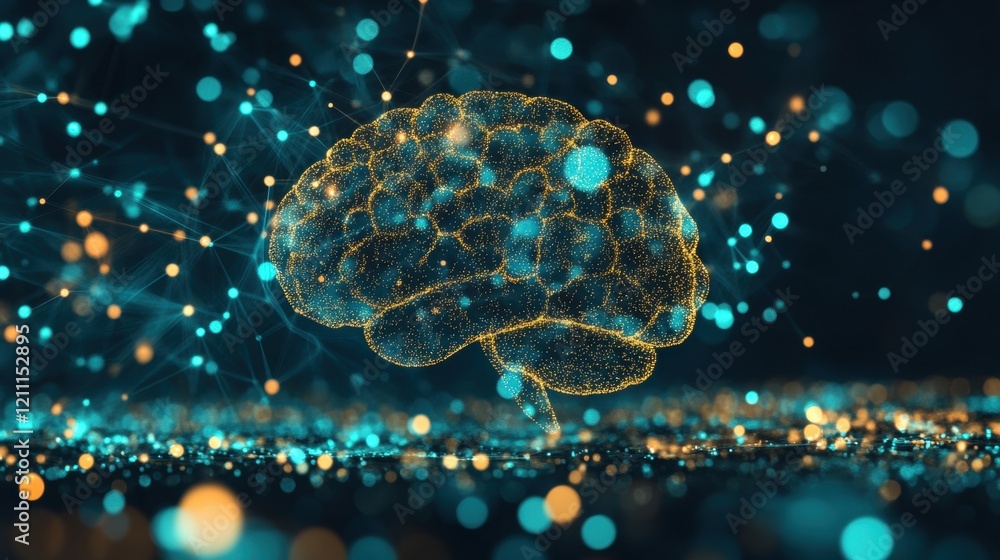 Poster a glowing brain network with intricate neuron connections, surrounded by vibrant particles in a dark