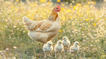 Fototapeta premium A mother hen walks proudly with her fluffy yellow chicks in a sun-drenched field of wildflowers, enjoying a beautiful day outdoors