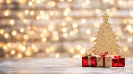 Golden Christmas tree stands elegantly beside cheerful red gifts, creating a warm holiday atmosphere with shimmering lights in the background