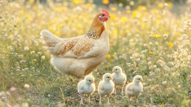A mother hen walks proudly with her fluffy yellow chicks in a sun-drenched field of wildflowers, enjoying a beautiful day outdoors