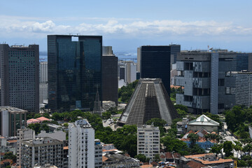 Obraz premium Wide view of the city center of Rio, including the Cathedral, from the Parque das Ruínas cultural center, Santa Teresa neighborhood, Rio de Janeiro, Brazil