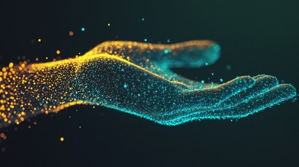 An outstretched hand composed of vibrant glowing particles emerges from a dark backdrop, conveying a sense of magic and energy