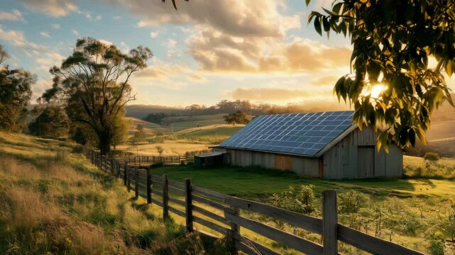 Solarpowered farmhouse at sunrise with scenic rural landscape and rustic charm