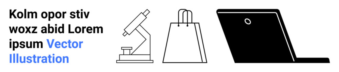 Microscope, shopping bag, and laptop representing science, commerce, and technology. Ideal for education, e-commerce, digital transformation, online learning business presentations startup tech