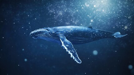 Fototapeta premium A humpback whale glides smoothly through a cosmic expanse, surrounded by sparkling stars and a surreal atmosphere of light and color
