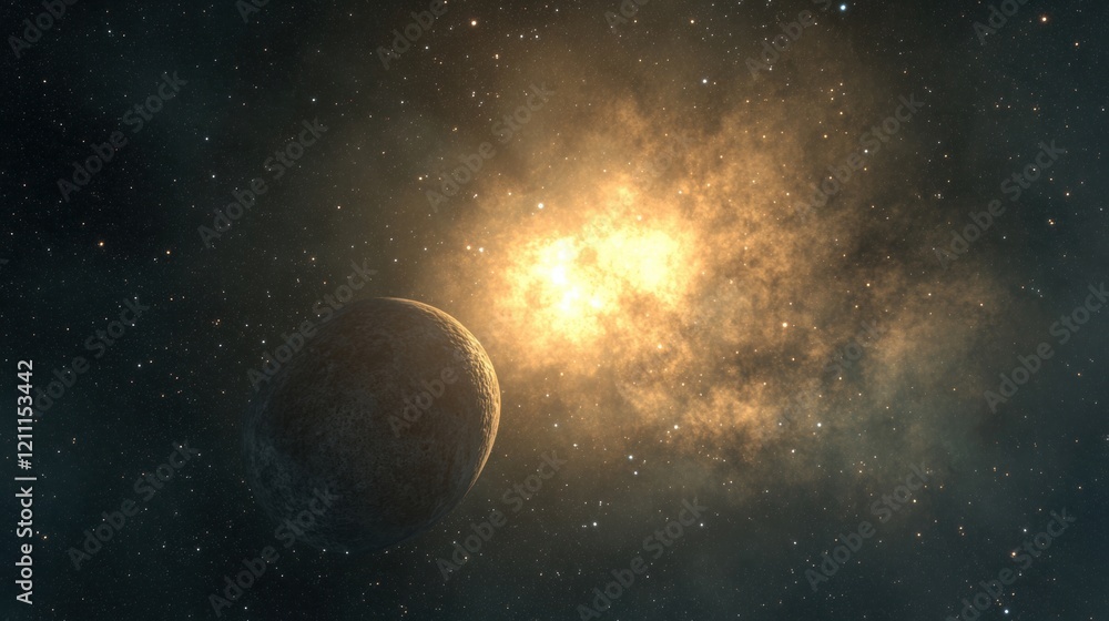 Poster a distant planet orbits near a vibrant nebula, illuminating the surrounding starry background in a s
