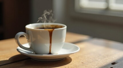 Fototapeta premium Aromatic Coffee Dripping Down a White Cup on a Sunny Wooden Table