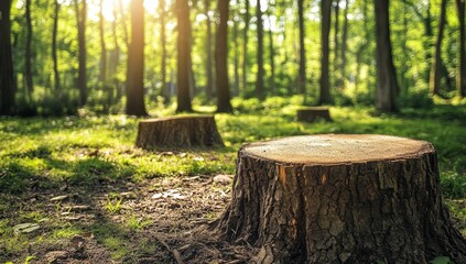 Sunlit forest with tree stumps.