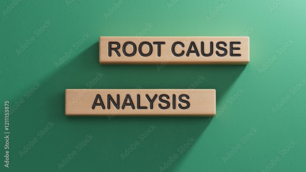 Poster wooden cubes and a wooden block with the text root cause analysis. wooden cube blocks. copy space.3d