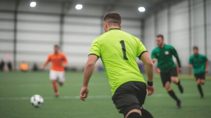 Obraz premium Action unfolds as players engage in an indoor soccer match, displaying energy and skill in a competitive environment