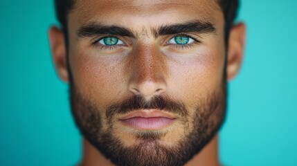 Fototapeta premium Intense Gaze: A striking portrait of a man with captivating blue eyes and a defined jawline, exuding an aura of confidence and allure.