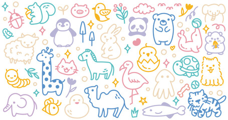 Animals Doodle Illustration | Colorful Hand-Drawn Line Art with Various Playful Animals for Design Project