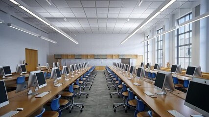 A tidy, empty computer lab hints at opportunities for learning and creativity within technology.
