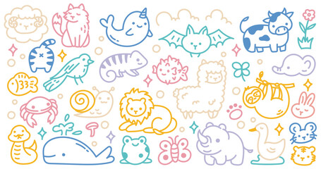 Animals Doodle Illustration | Colorful Hand-Drawn Line Art with Various Playful Animals for Design Project