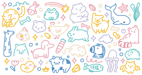 Animals Doodle Illustration | Colorful Hand-Drawn Line Art with Various Playful Animals for Design Project