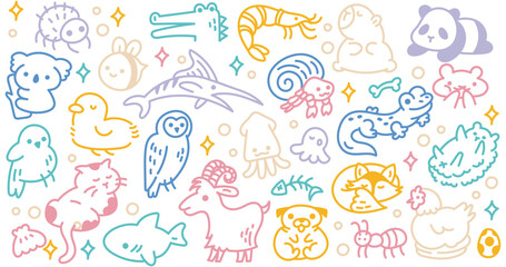 Animals Doodle Illustration | Colorful Hand-Drawn Line Art with Various Playful Animals for Design Project