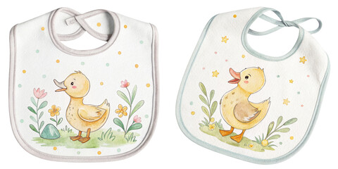 Two cute baby bibs featuring adorable duck illustrations and floral designs.