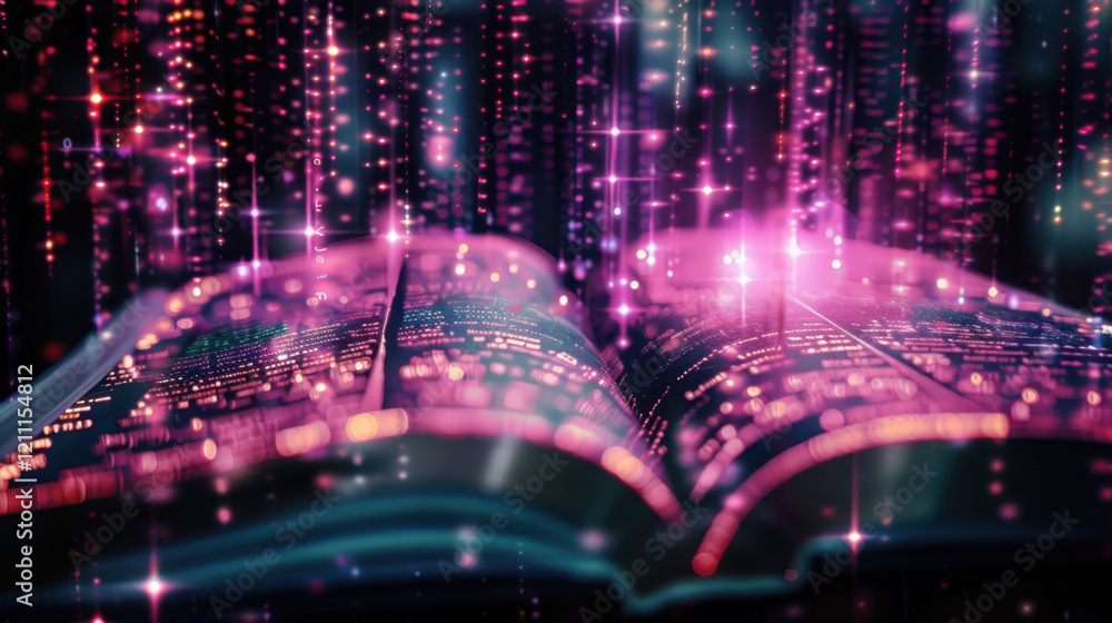 Poster glowing book surrounded by digital data streams, symbolizing knowledge and technology. vibrant color