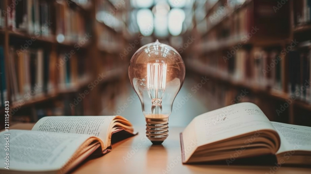 Poster light bulb illuminating books in library, symbolizing knowledge and learning. warm glow creates invi