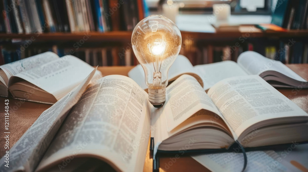 Poster open books with glowing light bulb symbolize knowledge and ideas. warm light contrasts with pages, c