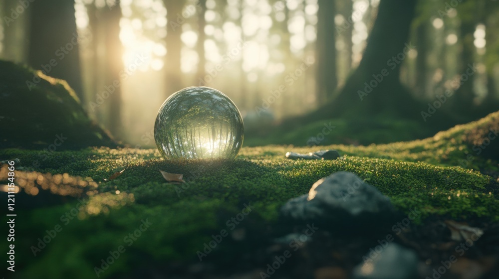 Poster sunlight streams through trees, illuminating a glass globe resting on lush moss in a tranquil green 