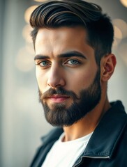 Fototapeta premium Handsome bearded man with stylish hair in casual shirt. Generative AI