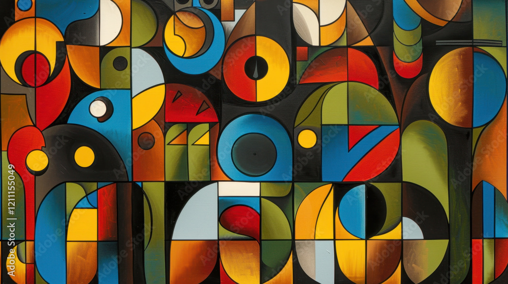 Poster vibrant abstract art featuring geometric shapes and bold colors, creating dynamic visual experience.