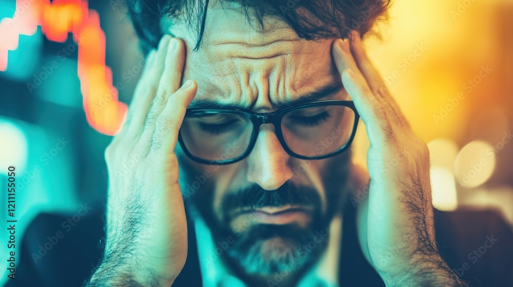 Aufkleber a stock trader experiences stress and frustration while navigating a chaotic market environment late