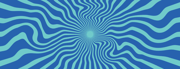 Obraz premium Psychedelic background with wavy teal lines on a blue background, creating a dynamic, hypnotic effect. Teal and blue colors dominate. Psychedelic pattern background vector. Blue background.