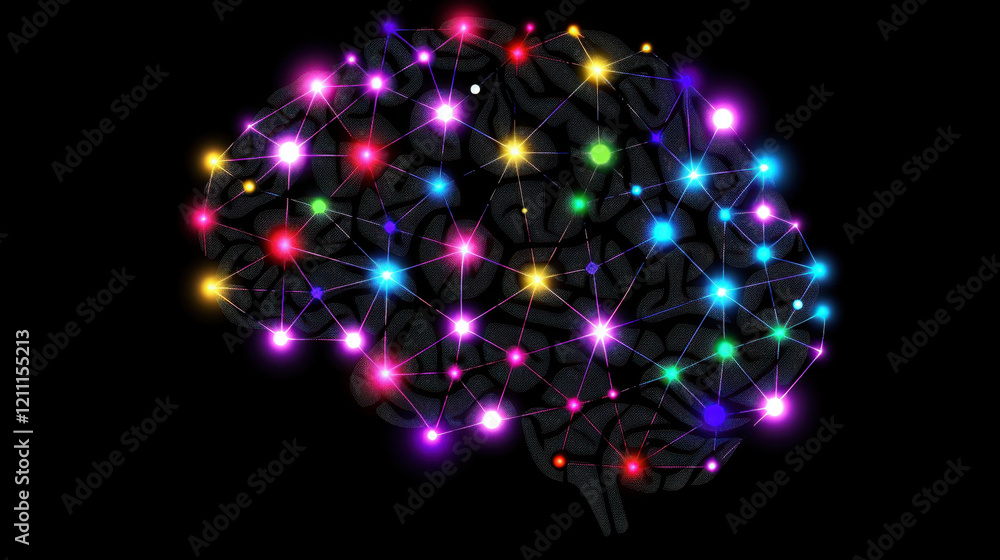 Poster colorful representation of brain with glowing connections, symbolizing neural networks and cognitive