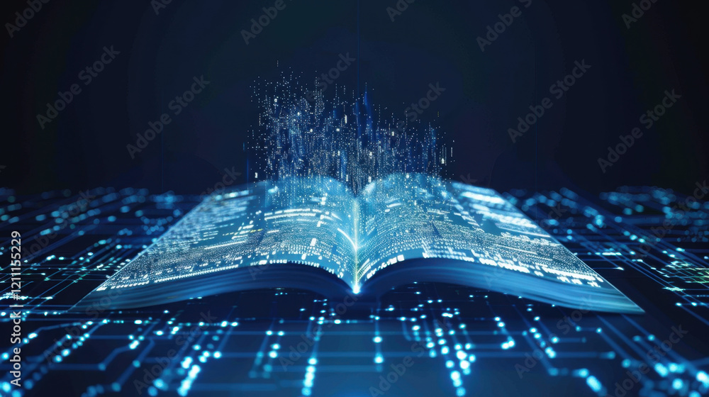 Poster digital book with glowing text and data streams emerging, symbolizing knowledge and technology
