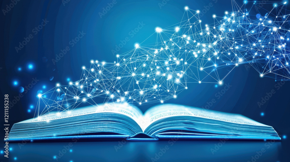Poster open book with glowing connections and digital particles, symbolizing knowledge and technology mergi