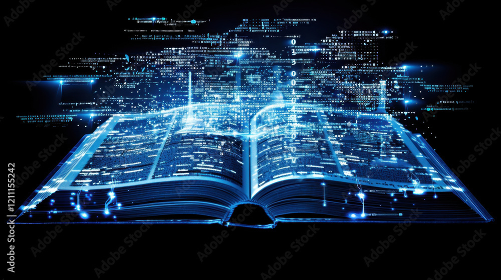 Poster digital book with glowing text and data streams, symbolizing knowledge and technology. vibrant blue 