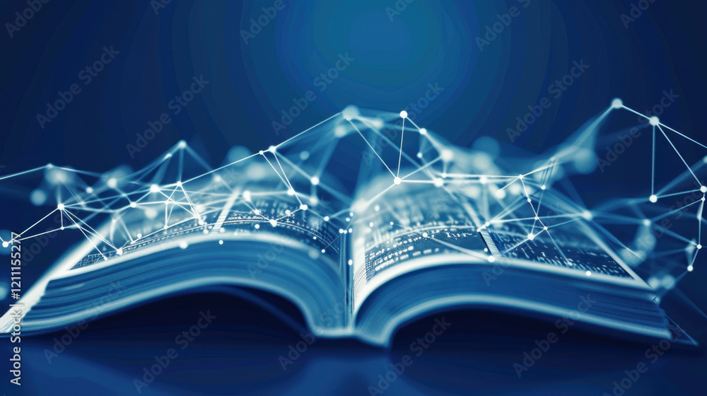 Aufkleber open book with digital connections and data visualization, symbolizing knowledge and technology. blu