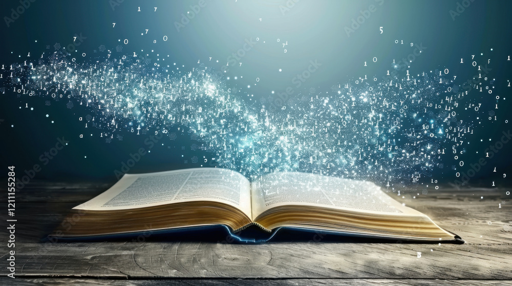 Poster open book with glowing particles and binary code emerging, symbolizing knowledge and technology
