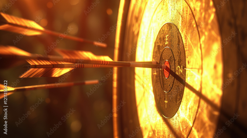 Poster close up of target with arrows hitting bullseye, illuminated by warm light, creating dramatic and fo