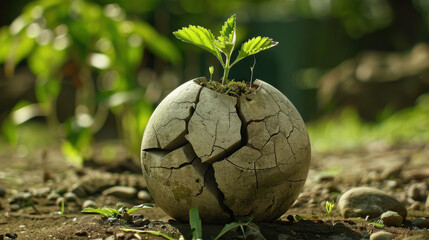 cracked globe with small green plant growing from it symbolizes hope and renewal. image captures essence of nature reclaiming its space