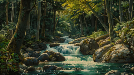 serene forest landscape featuring tranquil stream flowing over rocks, surrounded by lush greenery and sunlight filtering through trees, creating peaceful atmosphere